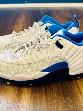 Nike Jordan XII Low-Top Golf Shoes in White and Blue